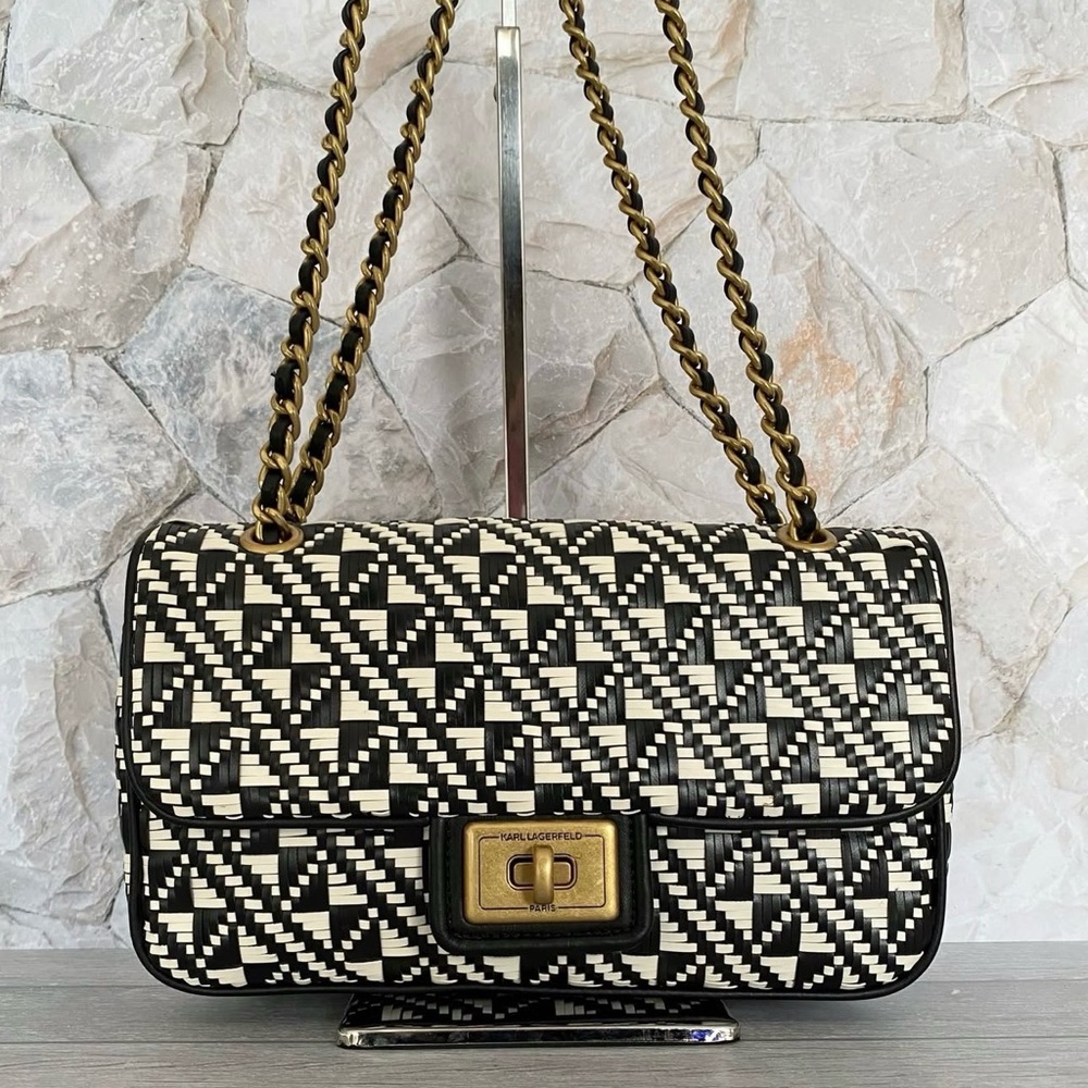 Karl Lagerfeld Black & White Geometric Woven Chain Shoulder Bag - Picture 3 of 9